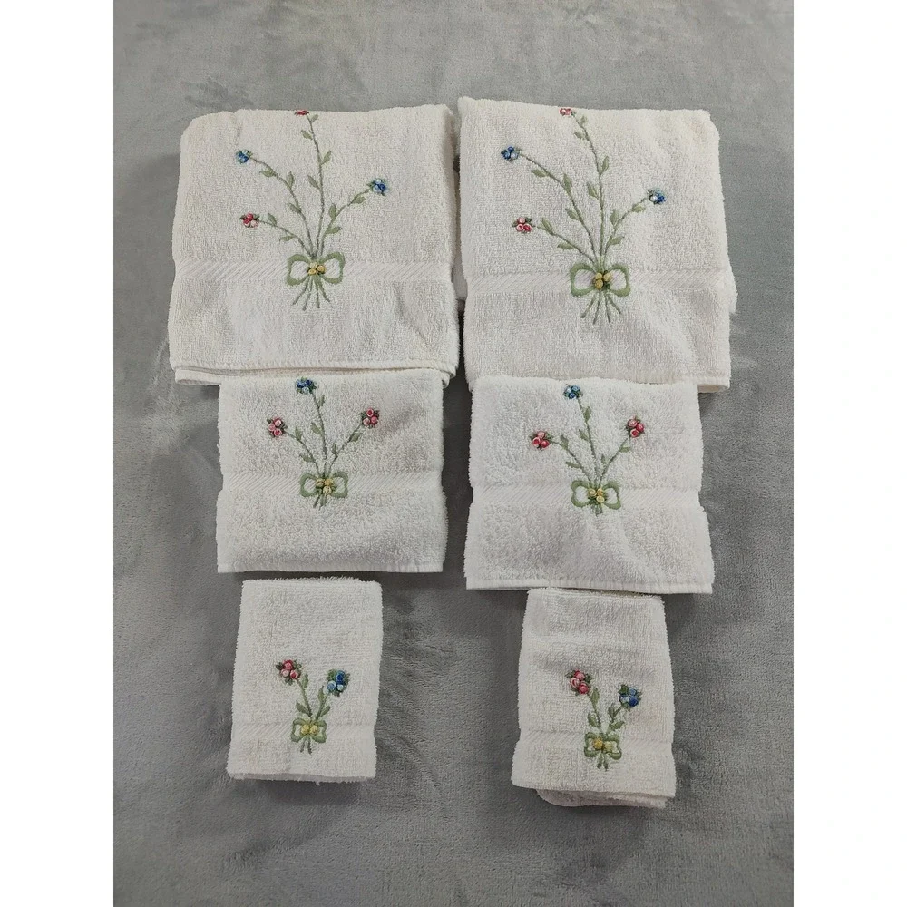 Vintage Fieldcrest Embroidered Floral Towel Set 6pc Cotton Cream Made in USA